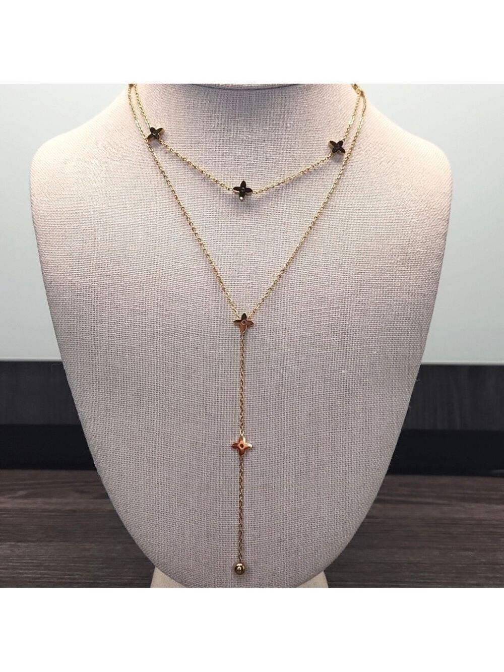 18k Gold Plated Stainless Steel Double Chain Clover/ Flower Necklace, Drop Chain